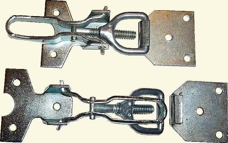 Latch in closed and open configurations, viewed from the front