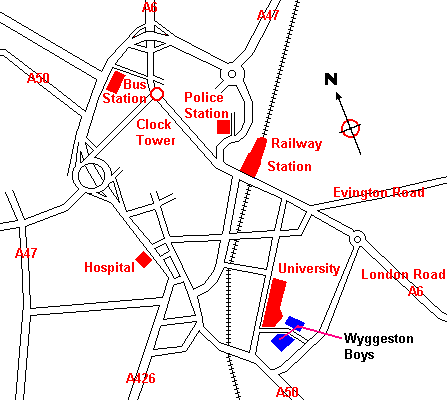 Map showing position of Wyggeston Boys School