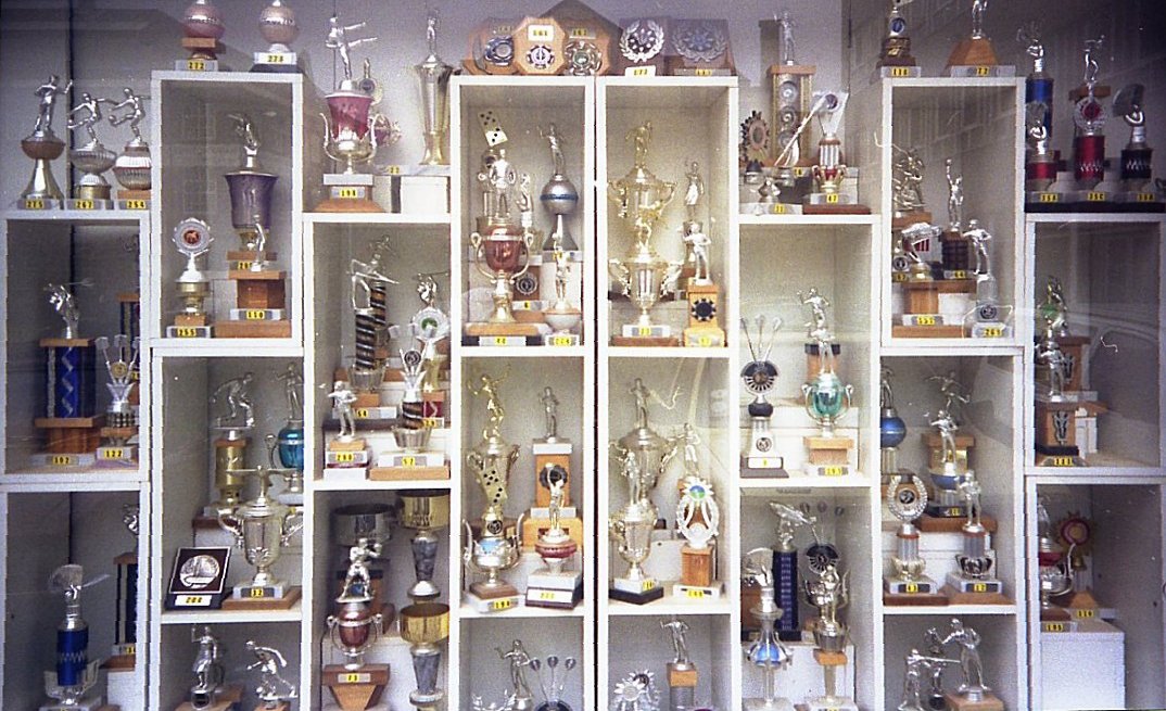 Window display of Apex trophies